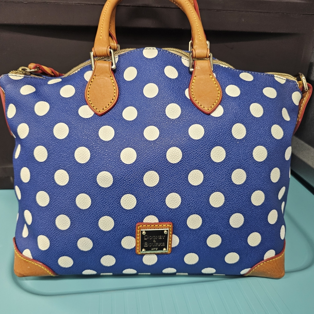 Dooney & Bourke Blue and White Polka Dot Satchel with matching wallet